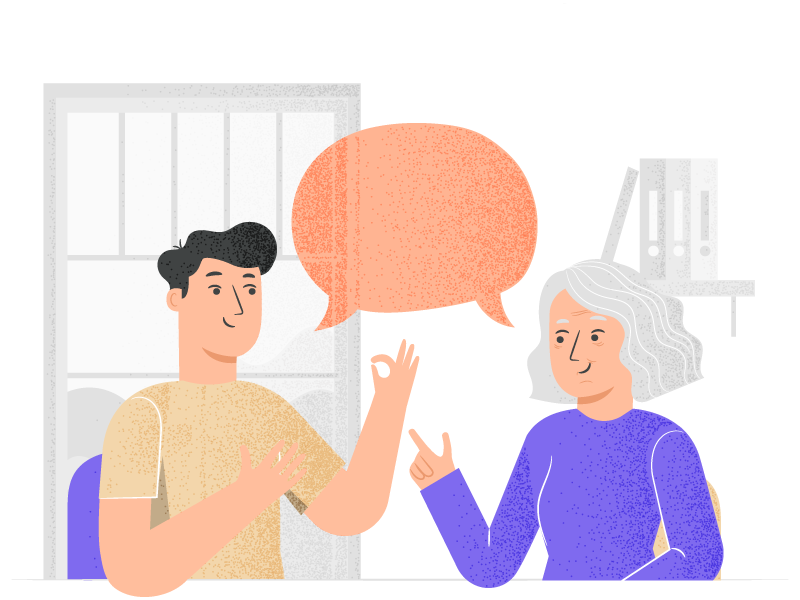 A younger man talking to a older woman shown by a bubble chat image above them.